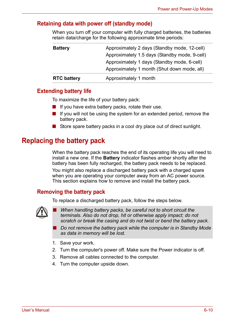 Replacing the battery pack, Retaining data with power off (standby mode), Extending battery life | Removing the battery pack | Toshiba Satellite M100 (PSMA1) User Manual | Page 106 / 173