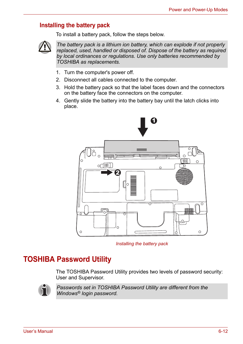 Toshiba password utility, Installing the battery pack | Toshiba Satellite M100 (PSMA1) User Manual | Page 108 / 173