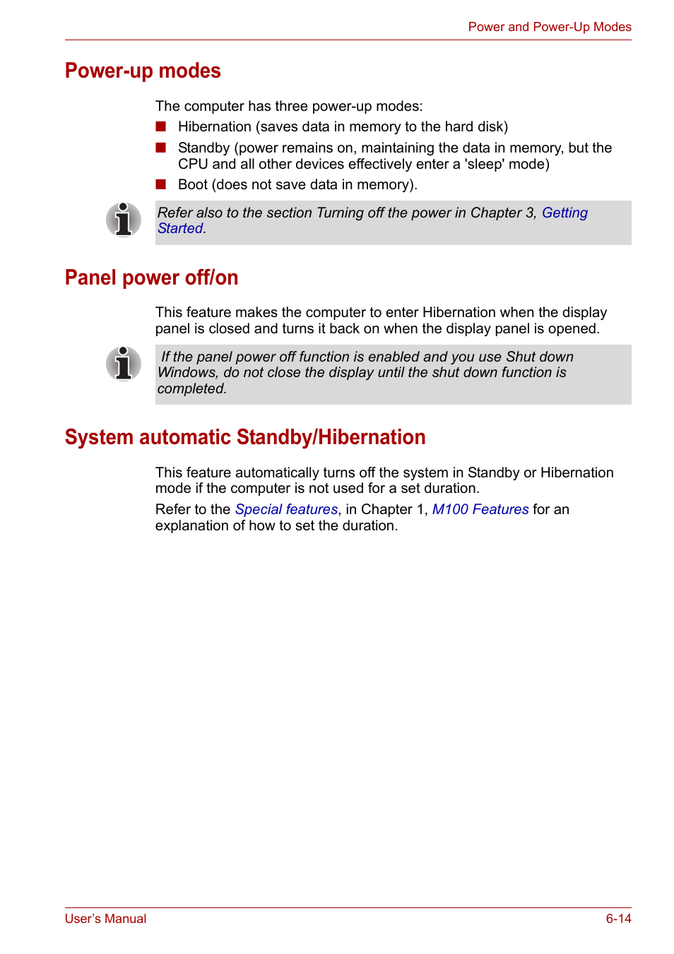 Power-up modes, Panel power off/on, System automatic standby/hibernation | Toshiba Satellite M100 (PSMA1) User Manual | Page 110 / 173