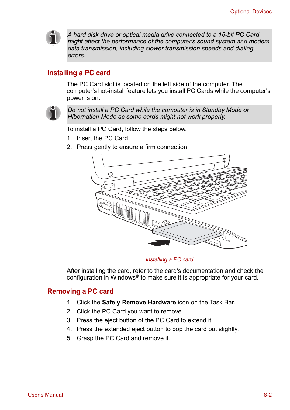 Installing a pc card, Removing a pc card | Toshiba Satellite M100 (PSMA1) User Manual | Page 116 / 173