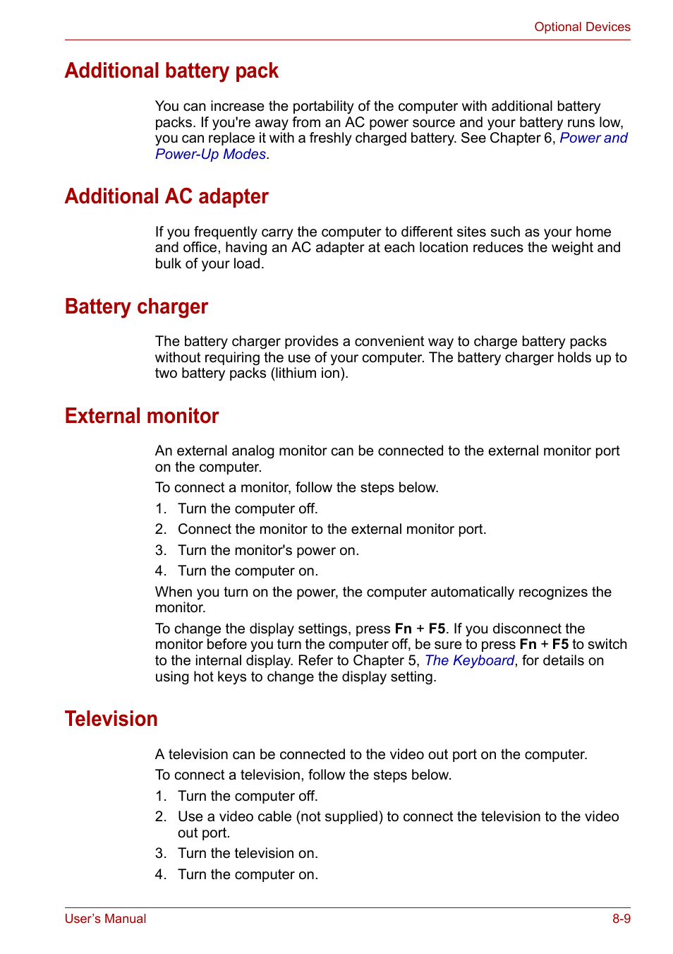 Additional battery pack, Additional ac adapter, Battery charger | External monitor, Television | Toshiba Satellite M100 (PSMA1) User Manual | Page 123 / 173