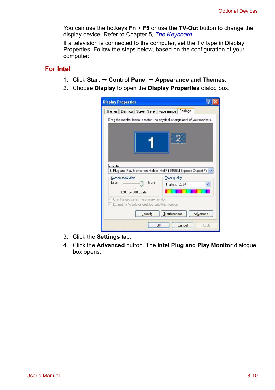 For intel | Toshiba Satellite M100 (PSMA1) User Manual | Page 124 / 173