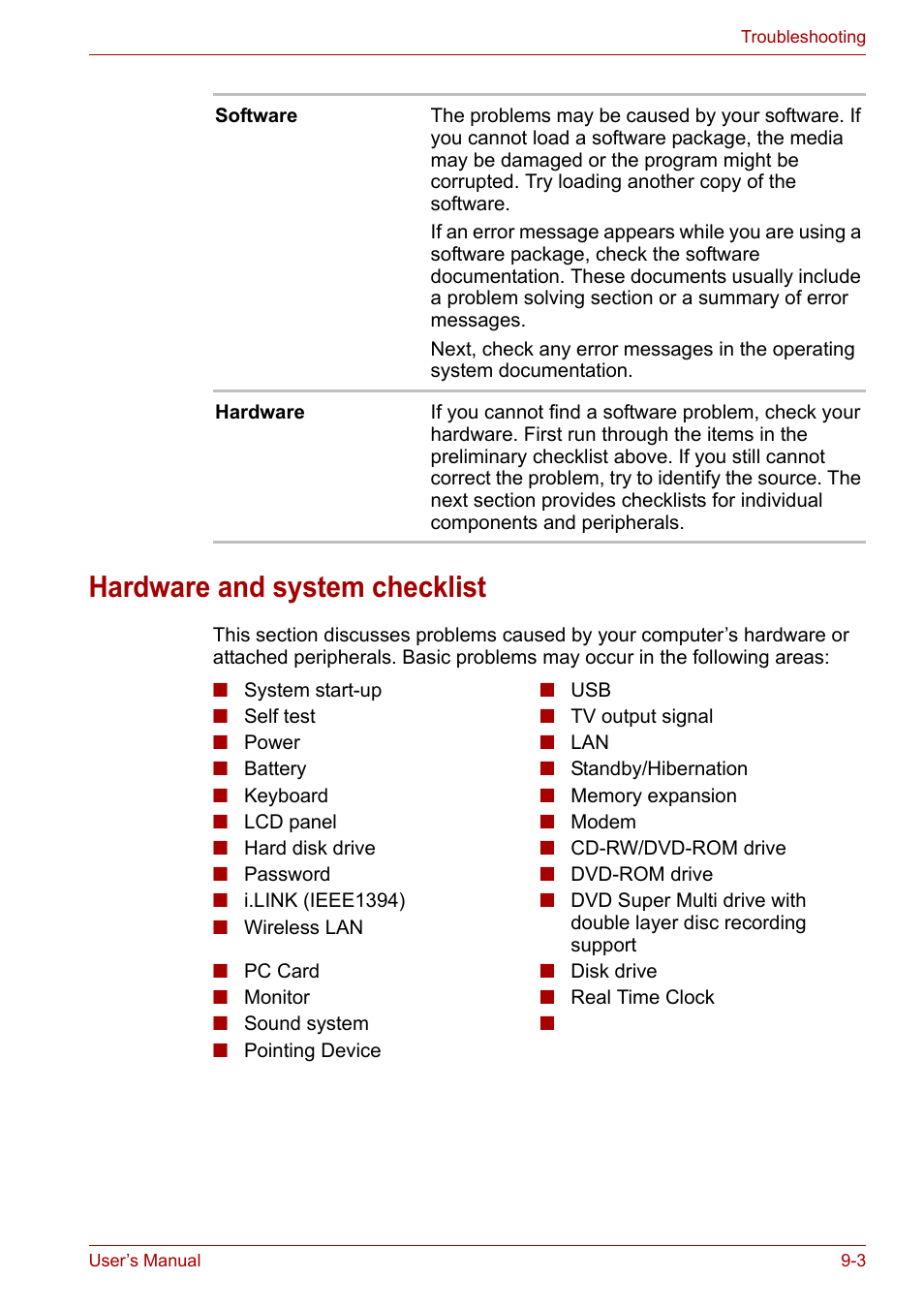 Hardware and system checklist | Toshiba Satellite M100 (PSMA1) User Manual | Page 132 / 173