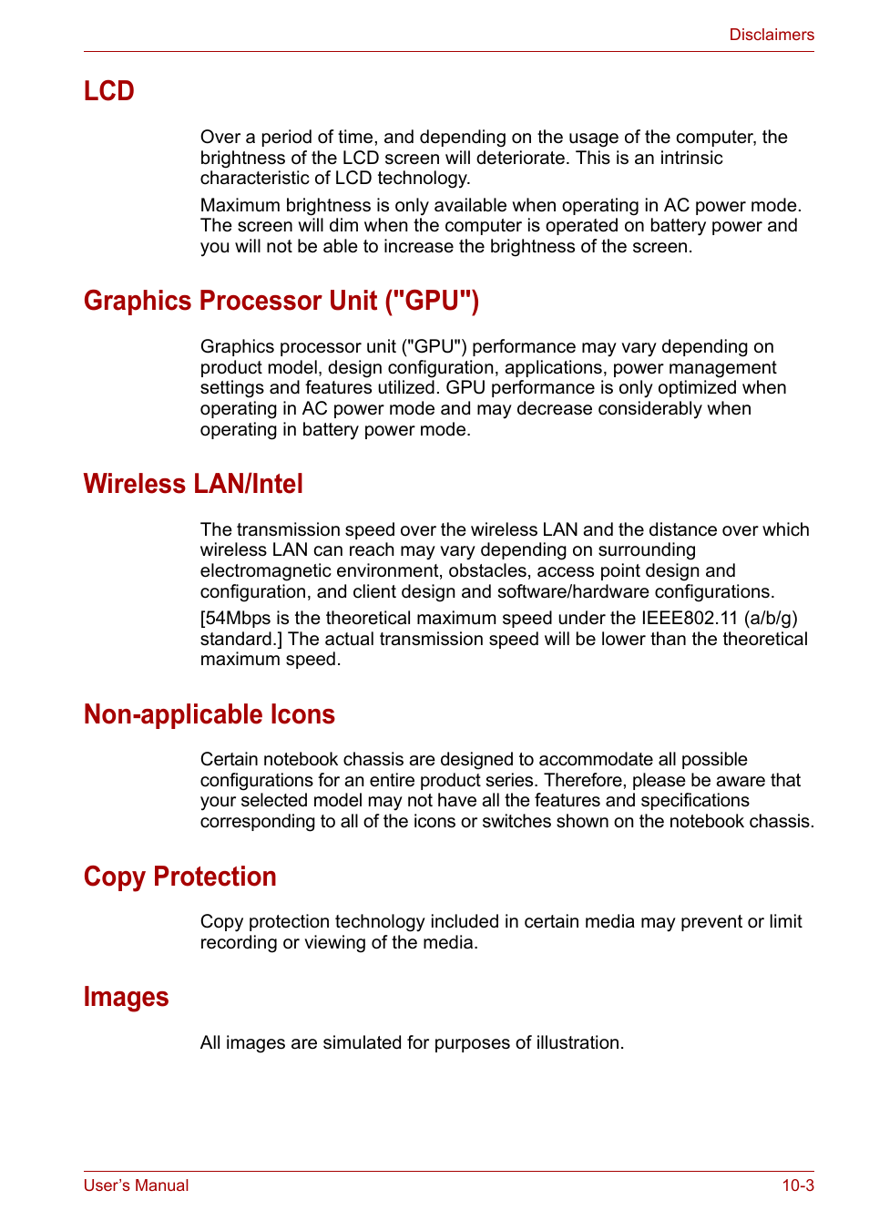 Graphics processor unit ("gpu"), Wireless lan/intel, Non-applicable icons | Copy protection, Images | Toshiba Satellite M100 (PSMA1) User Manual | Page 150 / 173