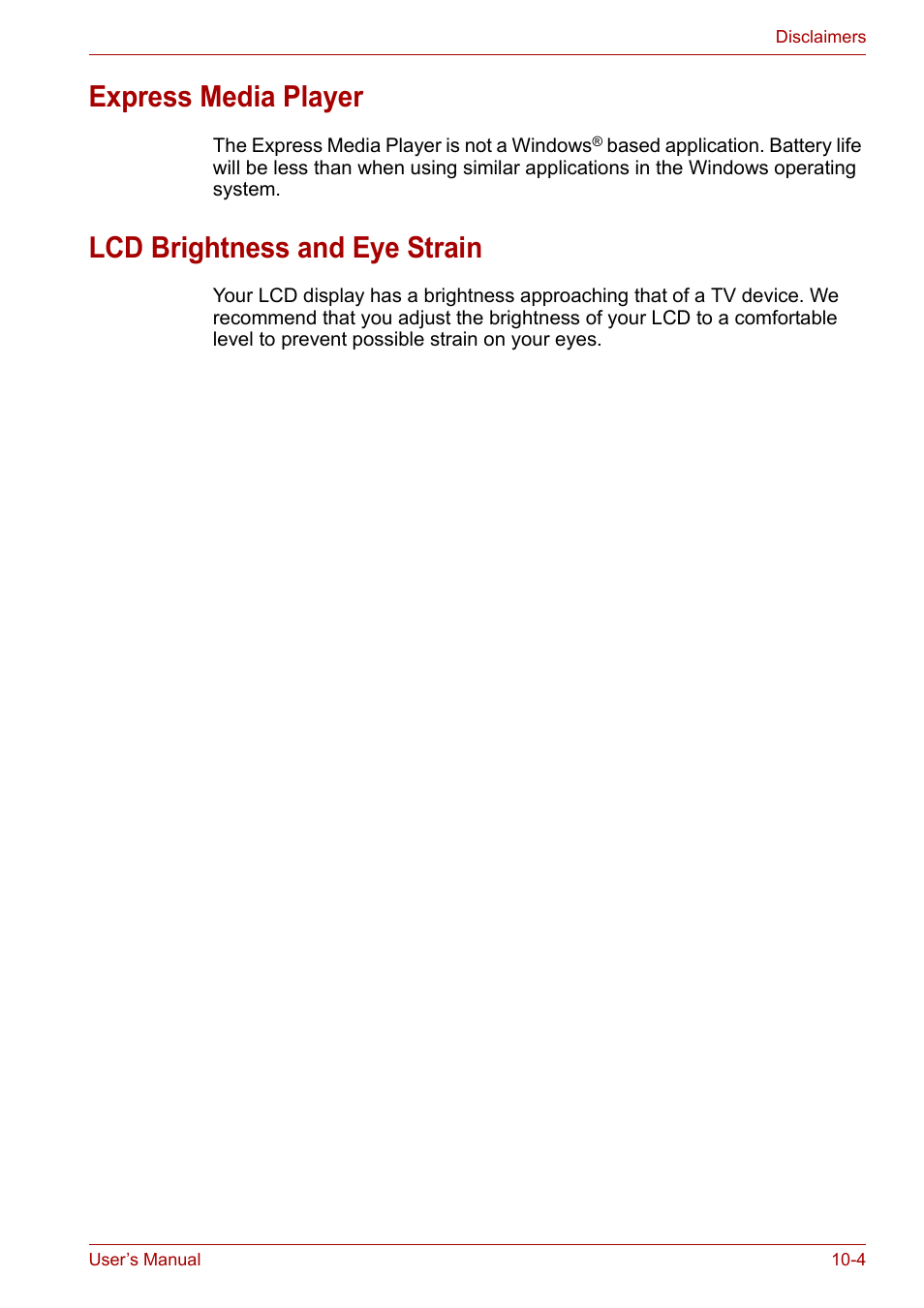 Express media player, Lcd brightness and eye strain | Toshiba Satellite M100 (PSMA1) User Manual | Page 151 / 173