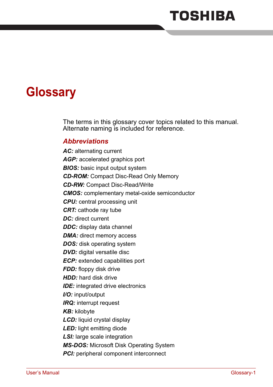 Glossary | Toshiba Satellite M100 (PSMA1) User Manual | Page 166 / 173