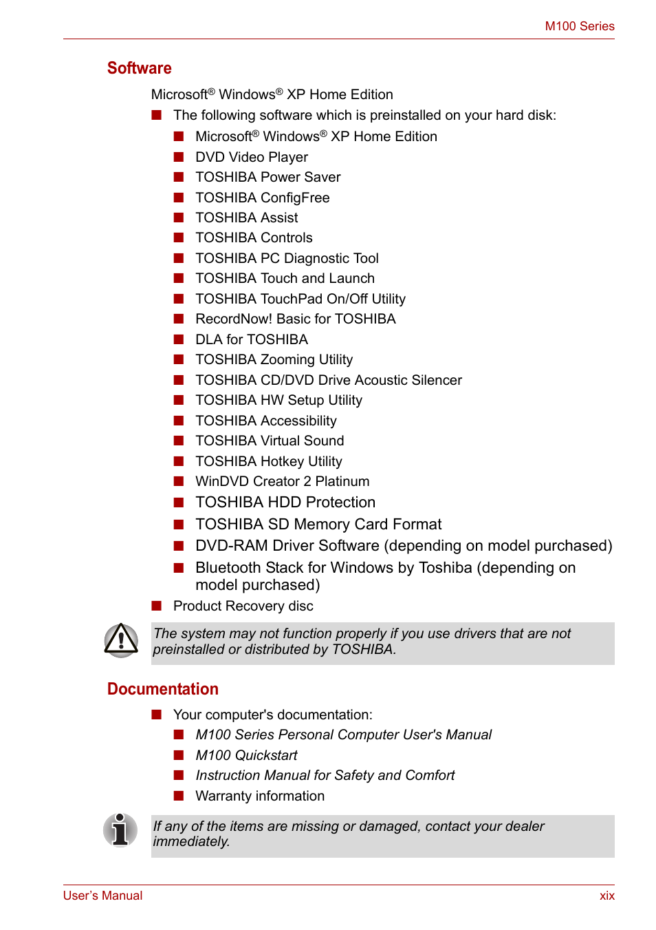 Software, Documentation | Toshiba Satellite M100 (PSMA1) User Manual | Page 19 / 173