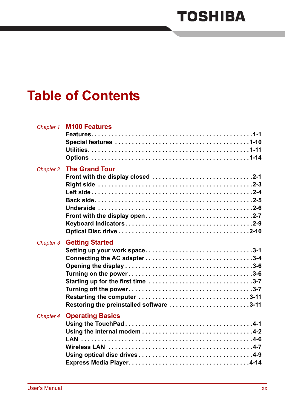 Toshiba Satellite M100 (PSMA1) User Manual | Page 20 / 173