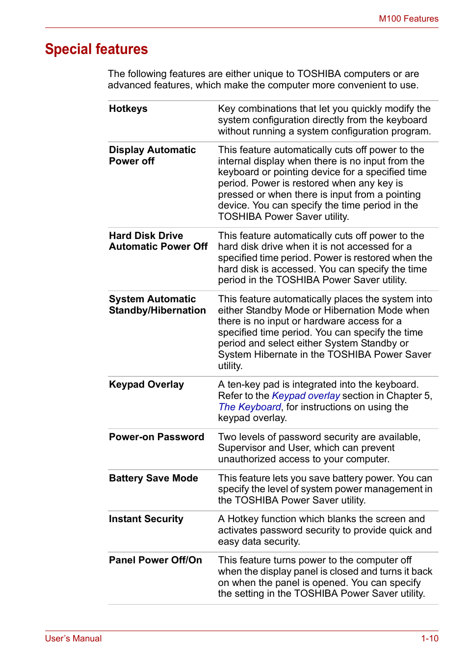 Special features, Section o | Toshiba Satellite M100 (PSMA1) User Manual | Page 32 / 173