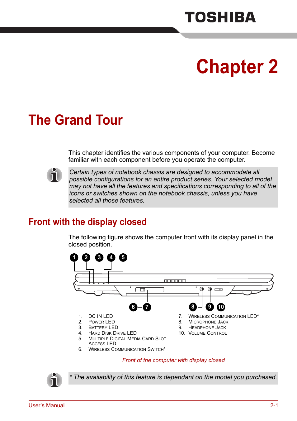 Chapter 2: the grand tour, Front with the display closed, The grand tour | Ter 2, Chapter 2 | Toshiba Satellite M100 (PSMA1) User Manual | Page 37 / 173