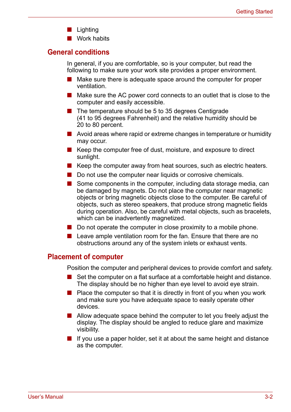 General conditions, Placement of computer | Toshiba Satellite M100 (PSMA1) User Manual | Page 50 / 173