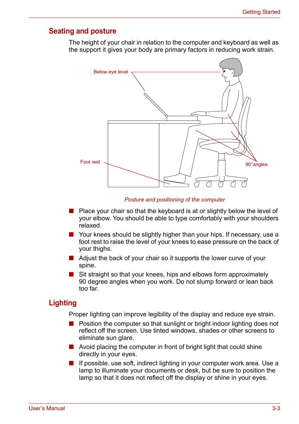 Seating and posture, Lighting | Toshiba Satellite M100 (PSMA1) User Manual | Page 51 / 173