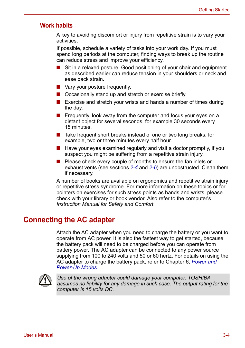Connecting the ac adapter, Work habits | Toshiba Satellite M100 (PSMA1) User Manual | Page 52 / 173