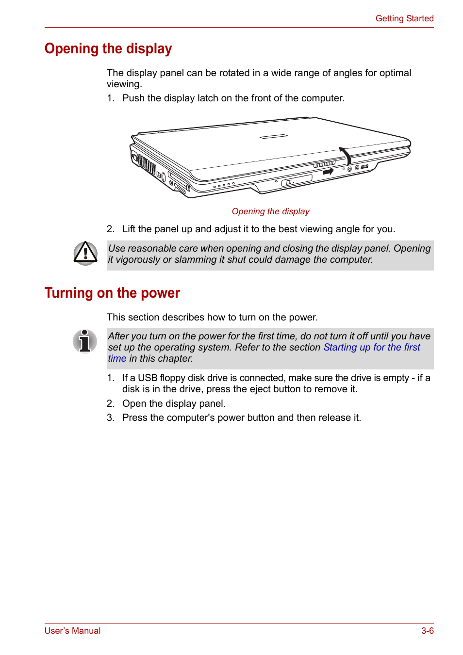 Opening the display, Turning on the power | Toshiba Satellite M100 (PSMA1) User Manual | Page 54 / 173
