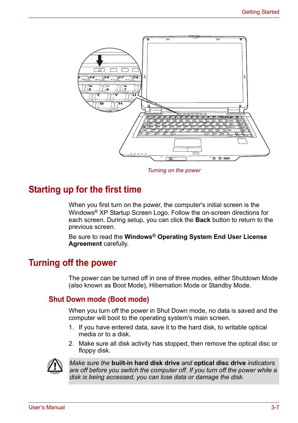 Starting up for the first time, Turning off the power, Section | Starting up for the first, Time, In this, Shut down mode (boot mode) | Toshiba Satellite M100 (PSMA1) User Manual | Page 55 / 173