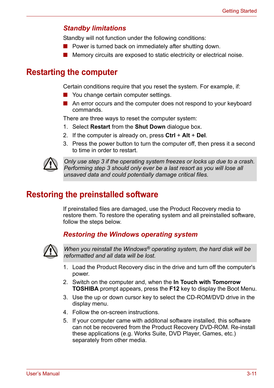 Restarting the computer, Restoring the preinstalled software | Toshiba Satellite M100 (PSMA1) User Manual | Page 59 / 173