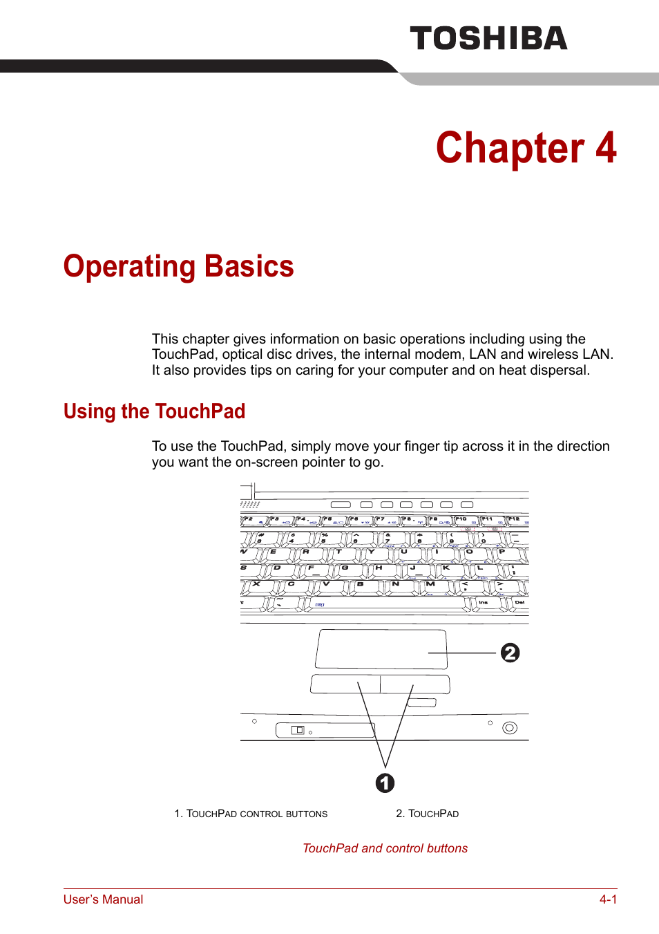 Chapter 4: operating basics, Using the touchpad, Operating basics | Incl, Using the, Touchpad, Section, Operating, Basics, Chapter 4 | Toshiba Satellite M100 (PSMA1) User Manual | Page 61 / 173