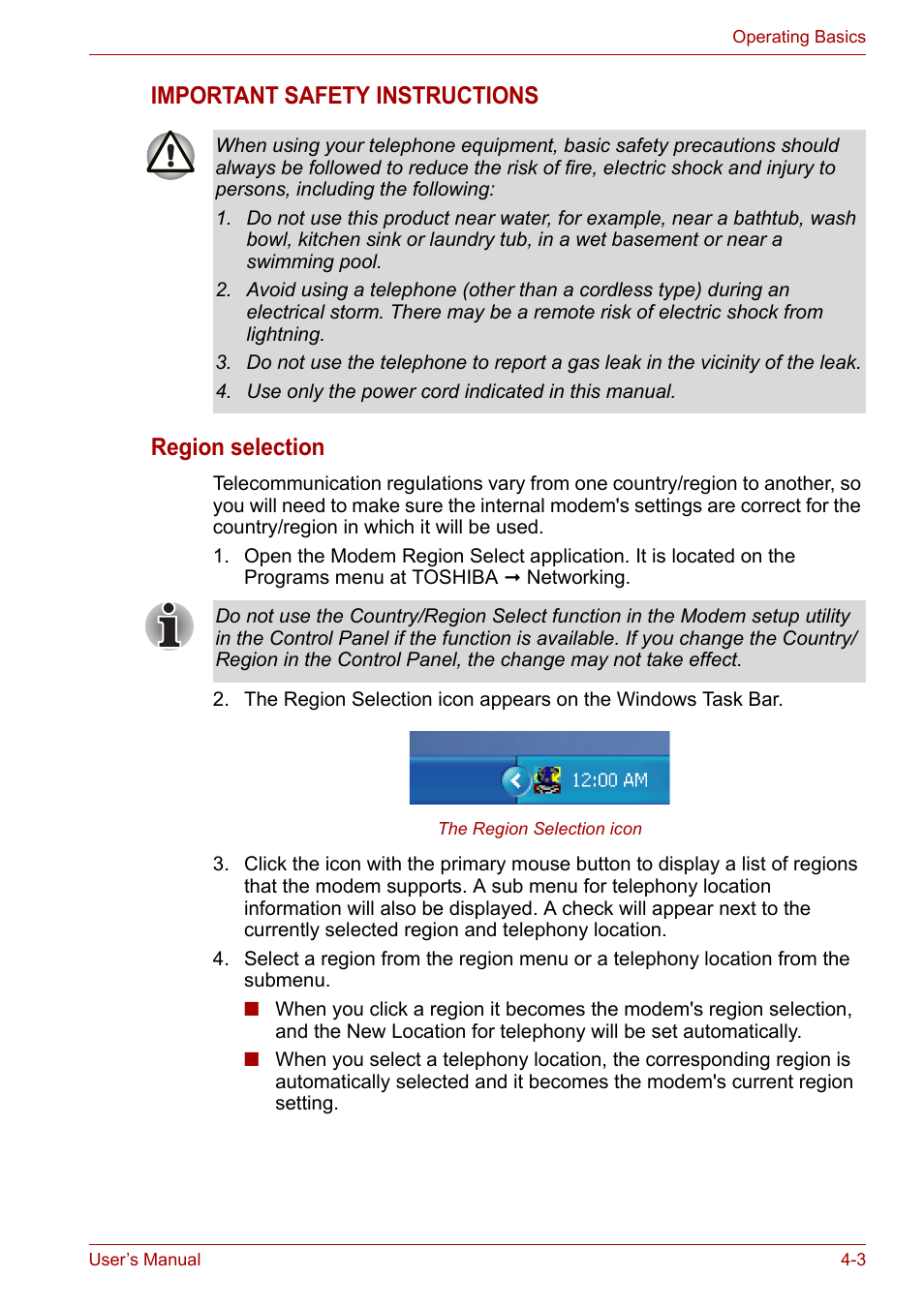 Important safety instructions region selection | Toshiba Satellite M100 (PSMA1) User Manual | Page 63 / 173