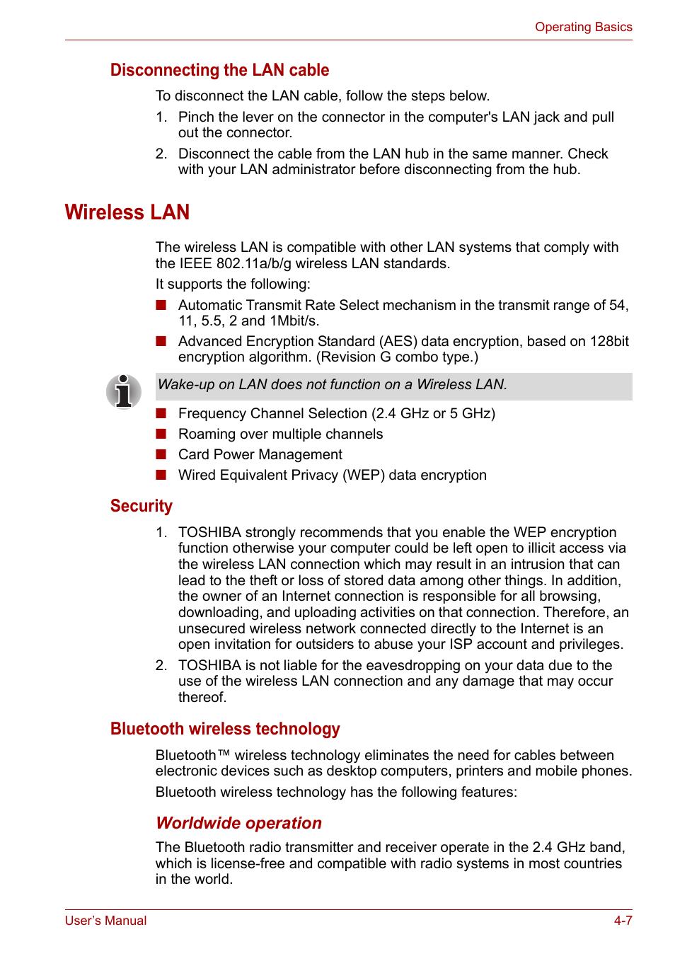 Wireless lan, Disconnecting the lan cable, Security | Bluetooth wireless technology | Toshiba Satellite M100 (PSMA1) User Manual | Page 67 / 173