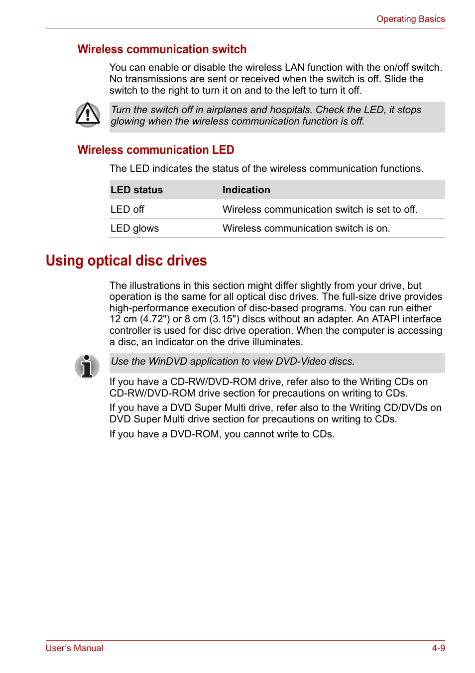 Using optical disc drives, Wireless communication switch, Wireless communication led | Toshiba Satellite M100 (PSMA1) User Manual | Page 69 / 173