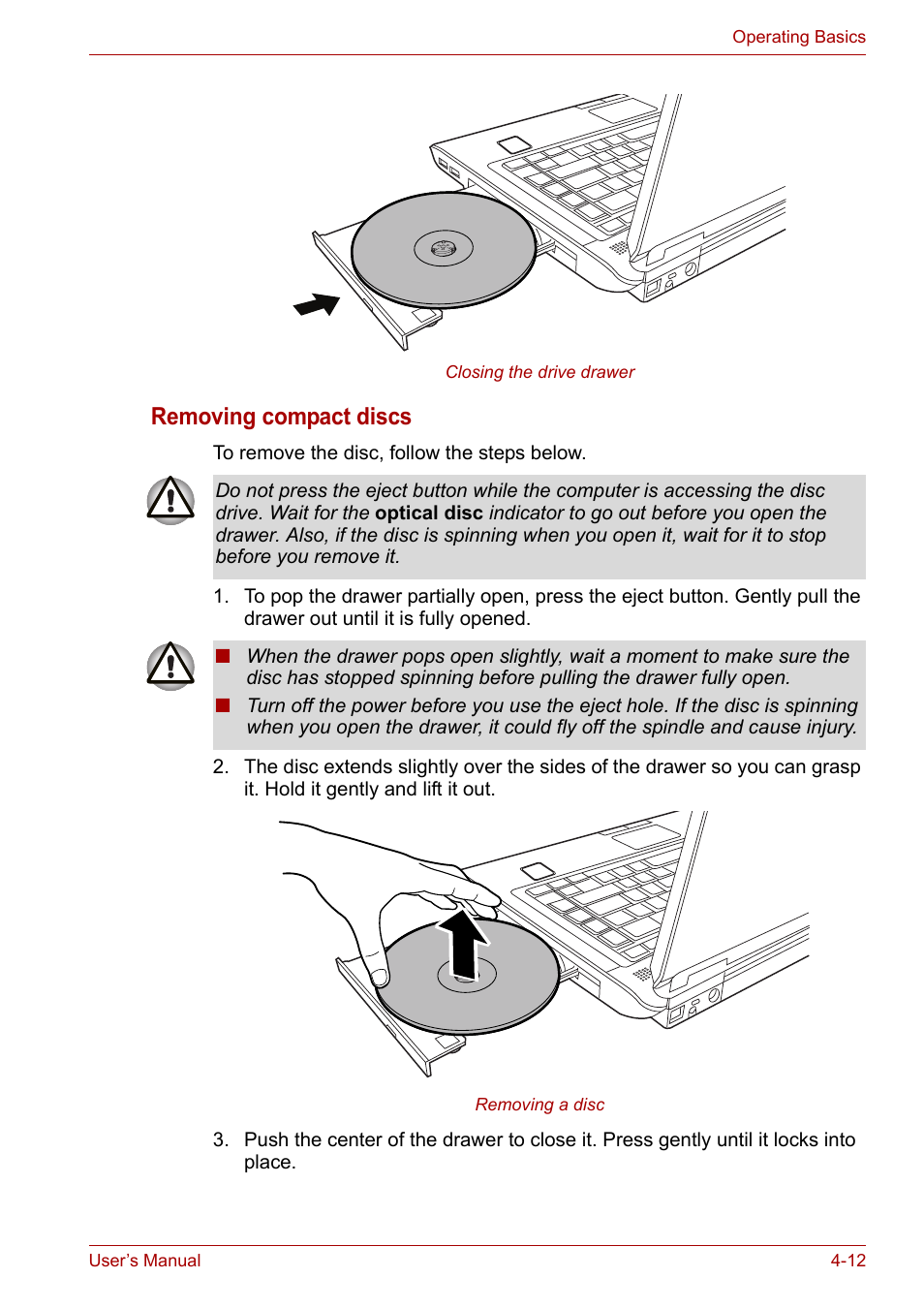 Removing compact discs | Toshiba Satellite M100 (PSMA1) User Manual | Page 72 / 173
