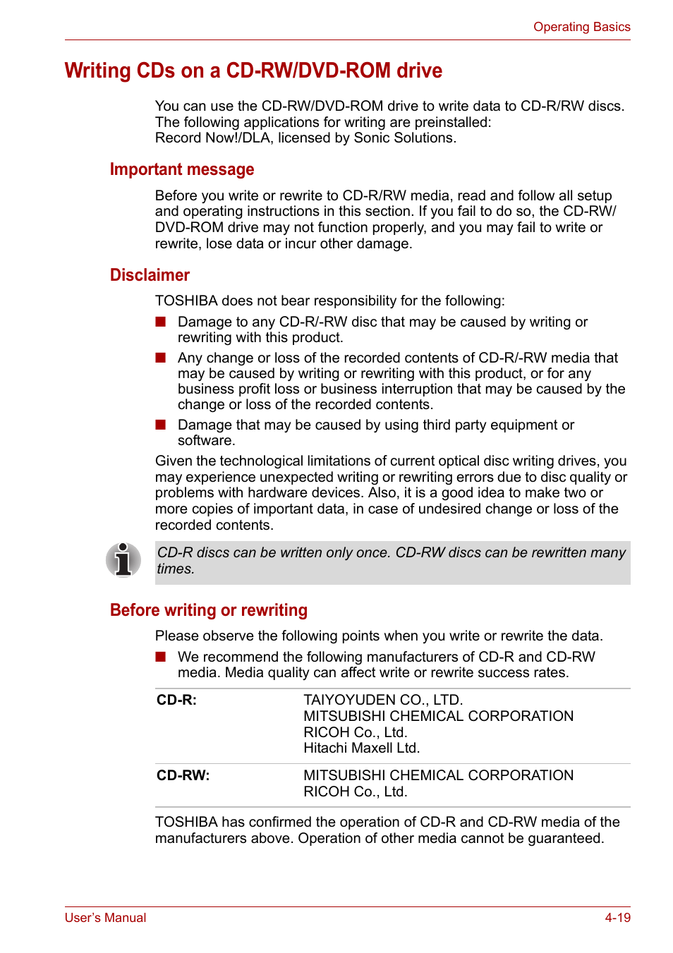 Writing cds on a cd-rw/dvd-rom drive, Important message, Disclaimer | Before writing or rewriting | Toshiba Satellite M100 (PSMA1) User Manual | Page 79 / 173