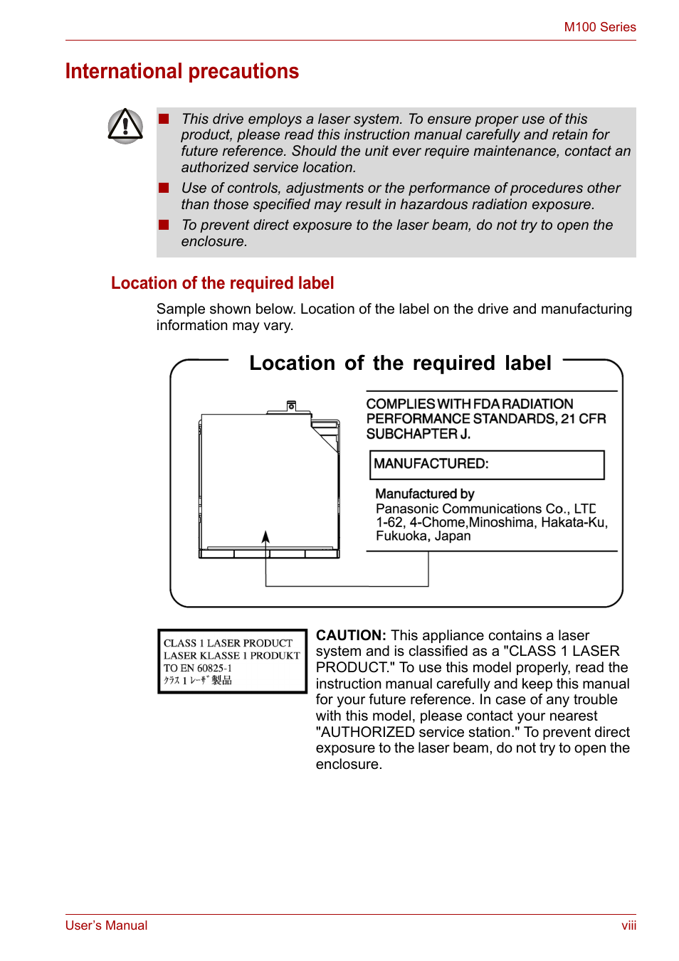 International precautions, Location of the required label | Toshiba Satellite M100 (PSMA1) User Manual | Page 8 / 173