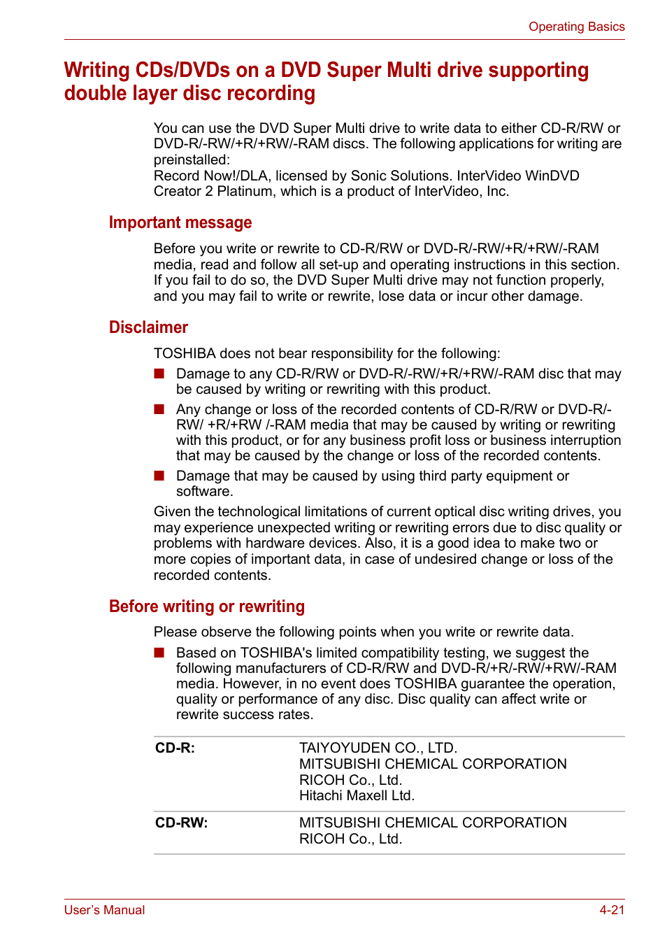 Important message, Disclaimer, Before writing or rewriting | Toshiba Satellite M100 (PSMA1) User Manual | Page 81 / 173