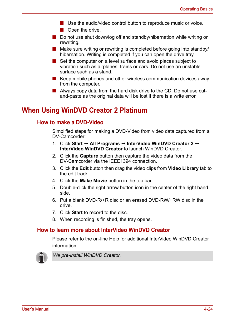 When using windvd creator 2 platinum, How to make a dvd-video, How to learn more about intervideo windvd creator | Toshiba Satellite M100 (PSMA1) User Manual | Page 84 / 173