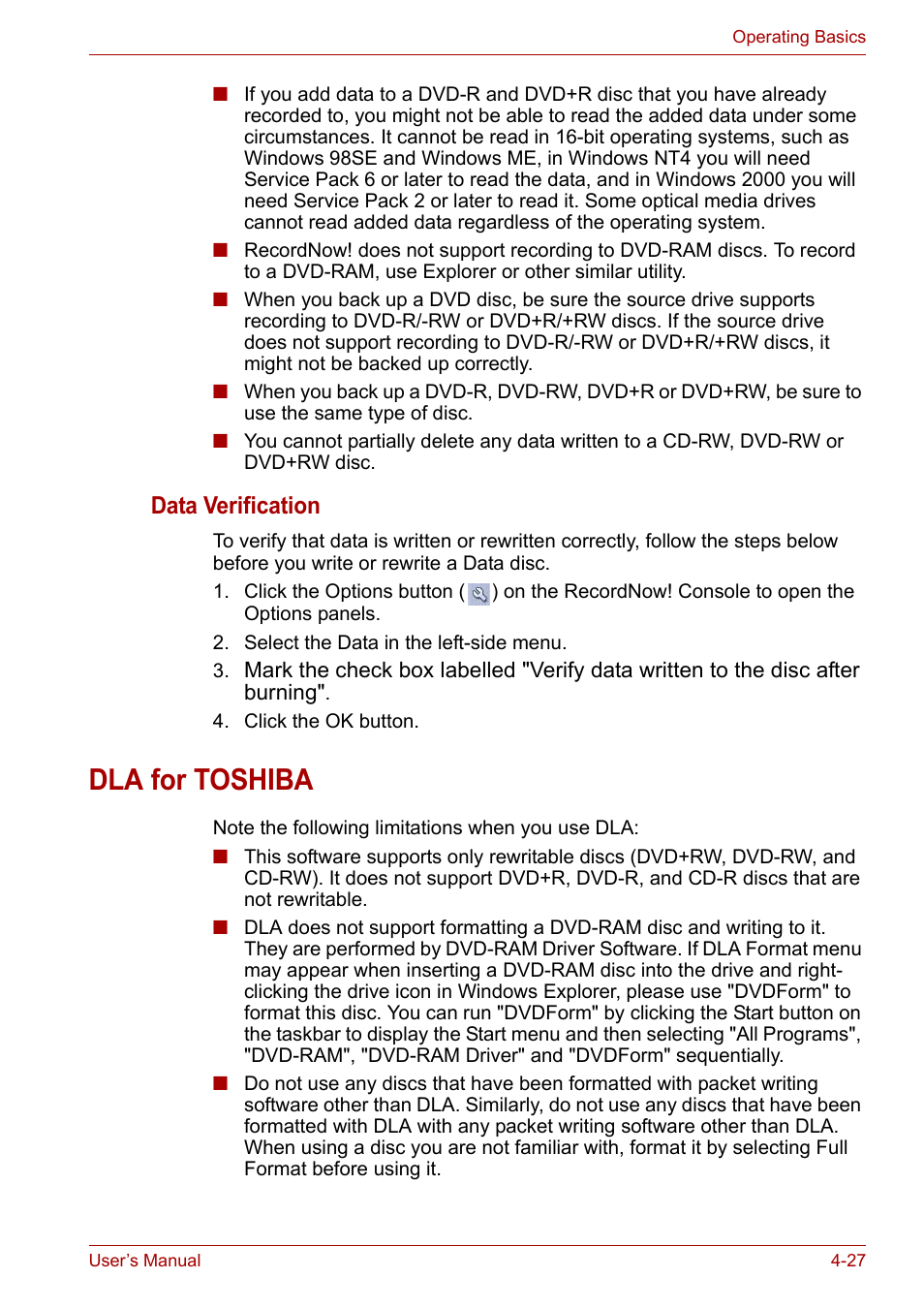 Dla for toshiba, Data verification | Toshiba Satellite M100 (PSMA1) User Manual | Page 87 / 173