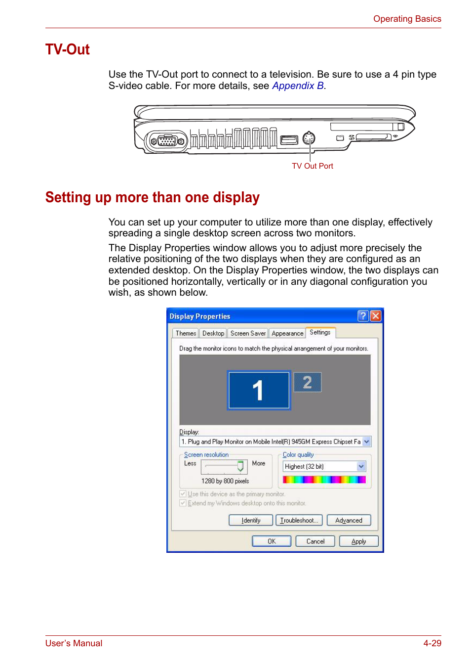 Tv-out, Setting up more than one display | Toshiba Satellite M100 (PSMA1) User Manual | Page 89 / 173