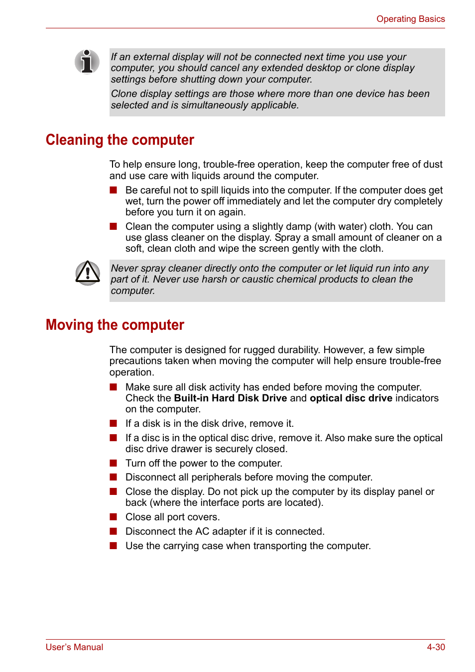 Cleaning the computer, Moving the computer | Toshiba Satellite M100 (PSMA1) User Manual | Page 90 / 173