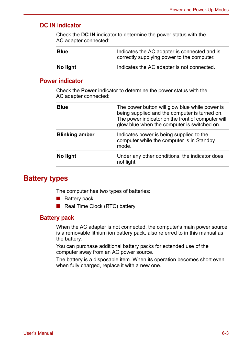 Battery types, Dc in indicator, Power indicator | Battery pack | Toshiba Satellite M100 (PSMA1) User Manual | Page 99 / 173