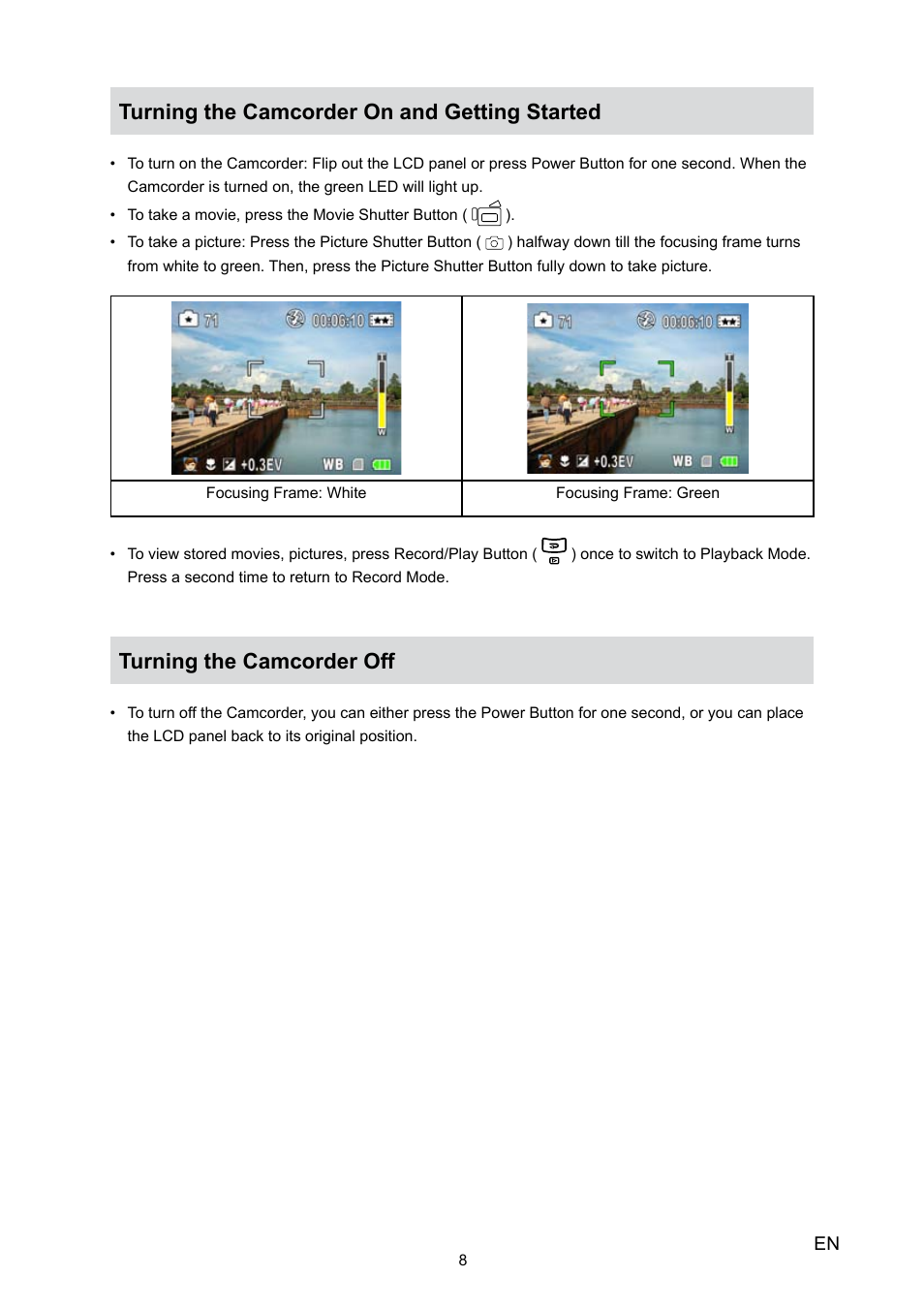 Turning the camcorder on and getting started, Turning the camcorder off | Toshiba Camileo P30 User Manual | Page 10 / 46