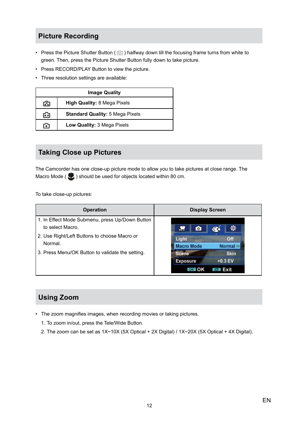 Picture recording, Taking close up pictures, Using zoom | Toshiba Camileo P30 User Manual | Page 14 / 46