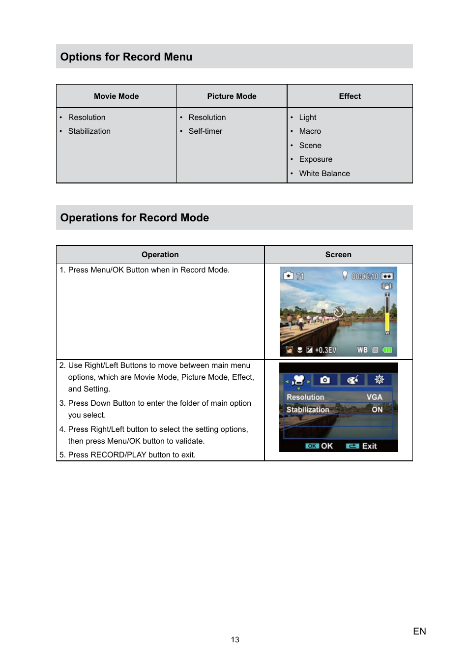 Options for record menu, Operations for record mode, Options for record menu operations for record mode | Toshiba Camileo P30 User Manual | Page 15 / 46