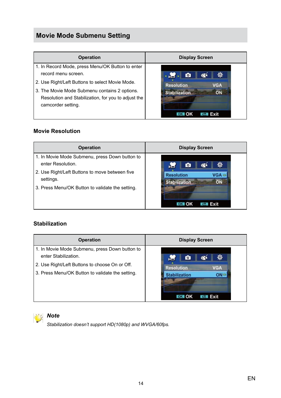 Movie mode submenu setting | Toshiba Camileo P30 User Manual | Page 16 / 46