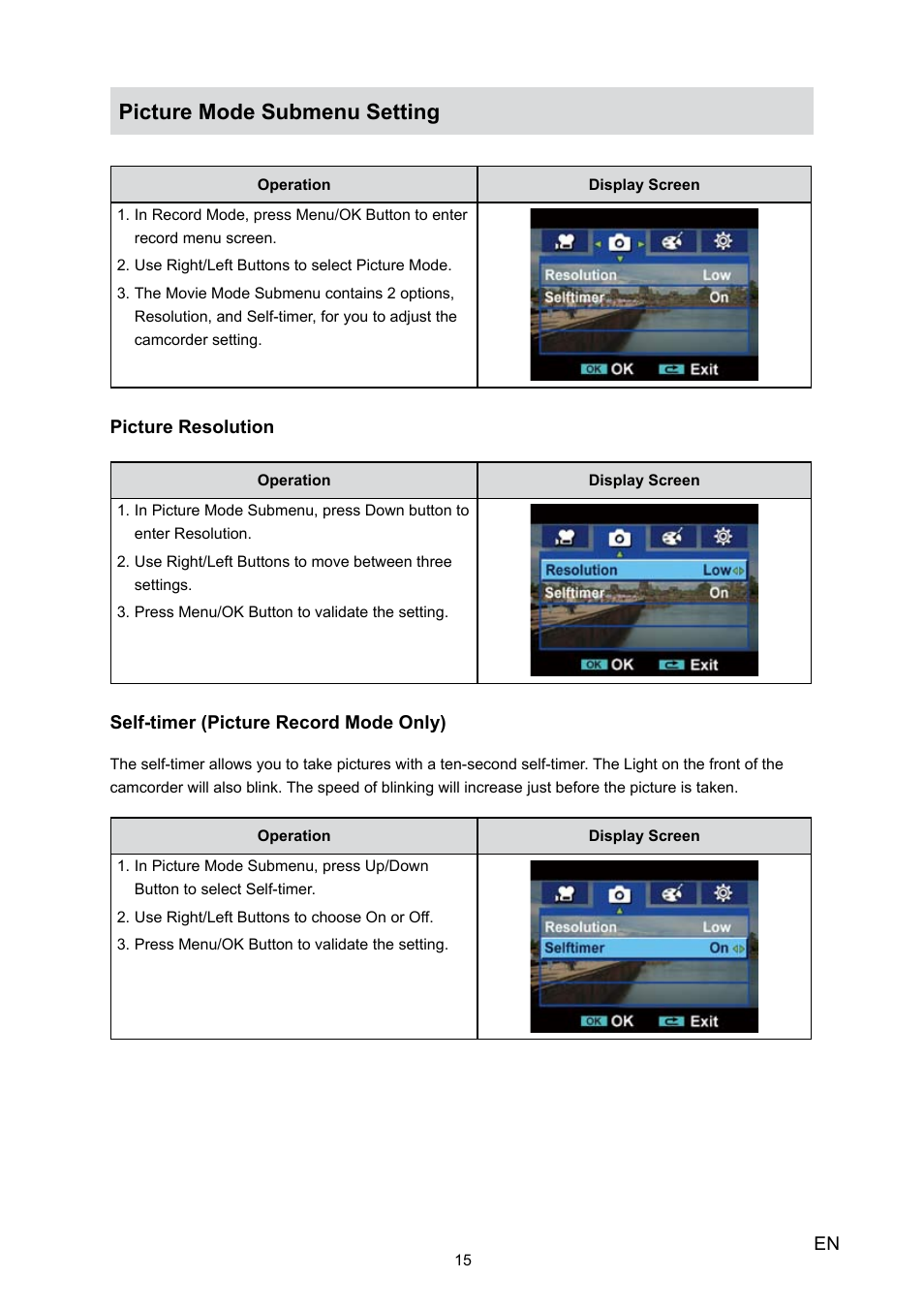 Picture mode submenu setting | Toshiba Camileo P30 User Manual | Page 17 / 46