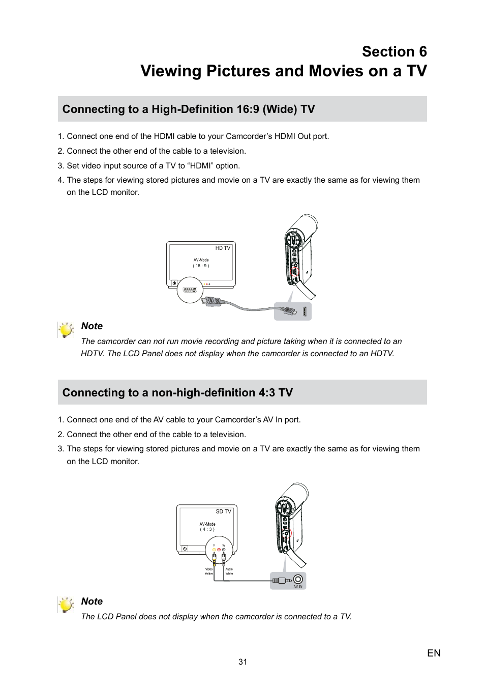 Section 6 viewing pictures and movies on a tv, Connecting to a high-definition 16:9 (wide) tv, Connecting to a non-high-definition 4:3 tv | Viewing pictures and movies on a tv | Toshiba Camileo P30 User Manual | Page 33 / 46