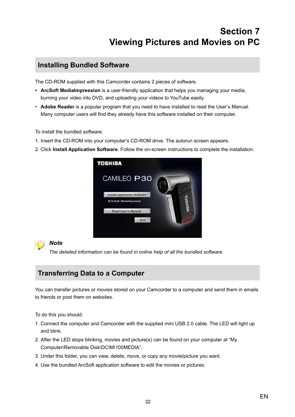 Section 7 viewing pictures and movies on pc, Installing bundled software, Transferring data to a computer | Toshiba Camileo P30 User Manual | Page 34 / 46