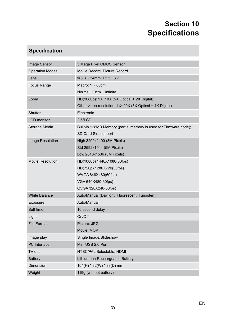 Section 10 specifications, Specifications, Specification | Toshiba Camileo P30 User Manual | Page 41 / 46