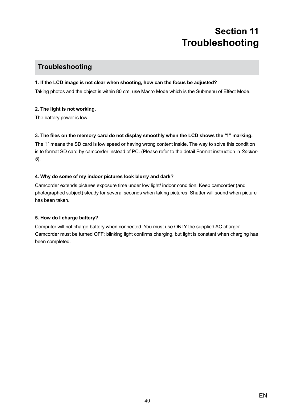 Section 11 troubleshooting, Troubleshooting | Toshiba Camileo P30 User Manual | Page 42 / 46