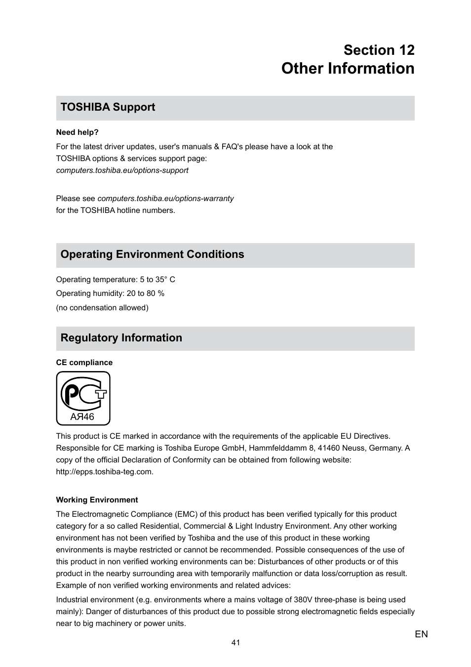 Section 12 other information, Toshiba support, Operating environment conditions | Regulatory information, Other information | Toshiba Camileo P30 User Manual | Page 43 / 46