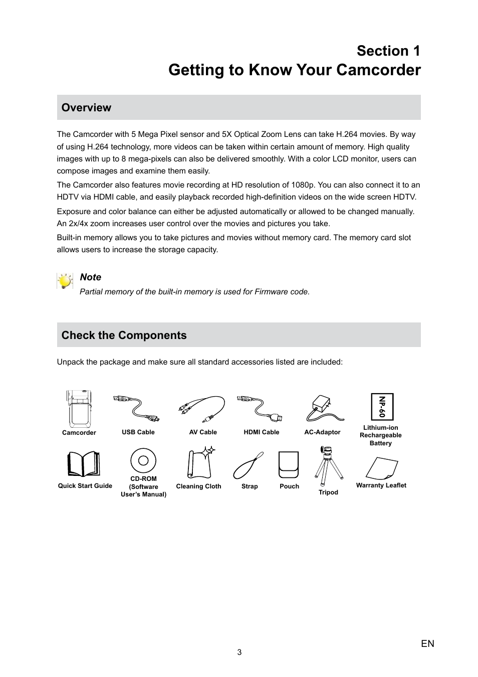 Section 1 getting to know your camcorder, Overview, Check the components | Overview check the components, Getting to know your camcorder | Toshiba Camileo P30 User Manual | Page 5 / 46