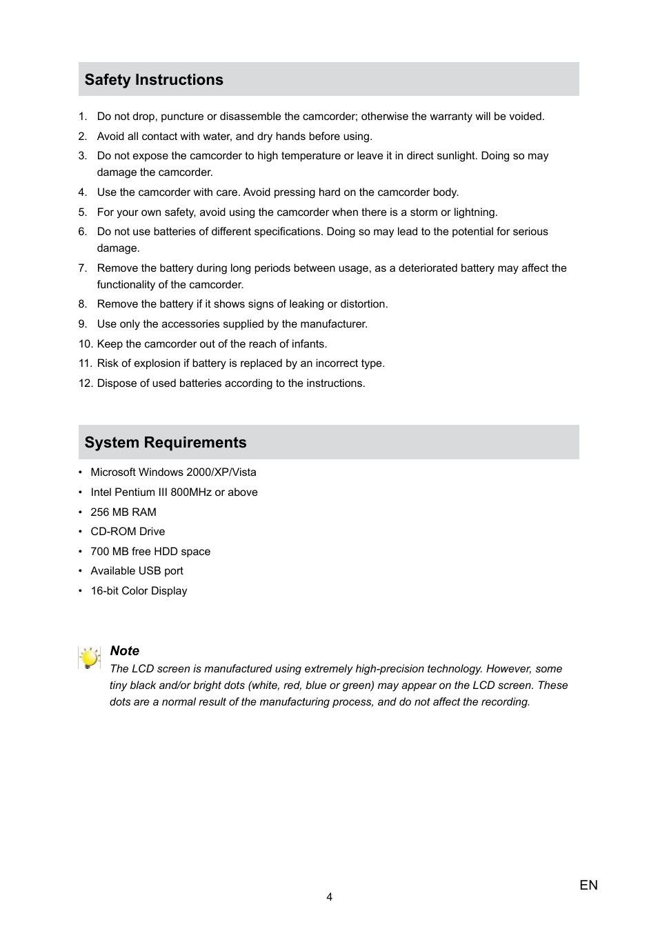 Safety instructions, System requirements, Safety instructions system requirements | Toshiba Camileo P30 User Manual | Page 6 / 46