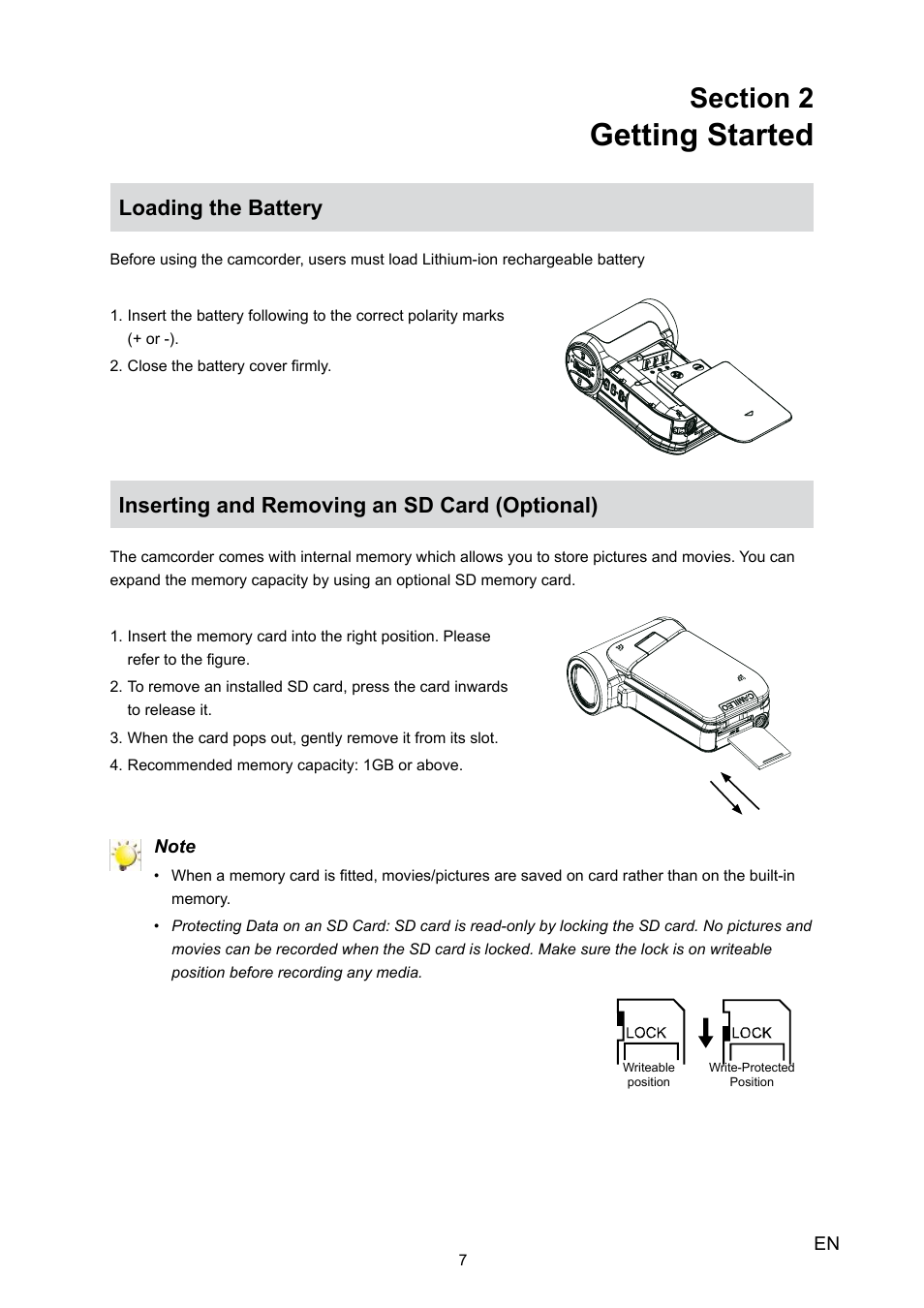 Section 2 getting started, Loading the battery, Inserting and removing an sd card (optional) | Getting started | Toshiba Camileo P30 User Manual | Page 9 / 46