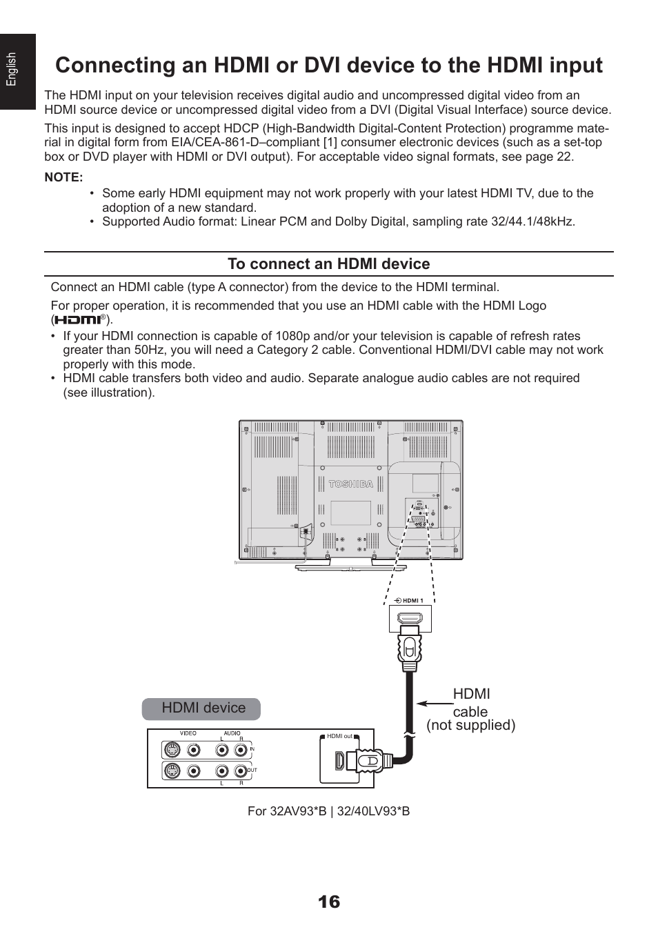 Connecting an hdmi or dvi device to the hdmi input | Toshiba EL933 User Manual | Page 16 / 72