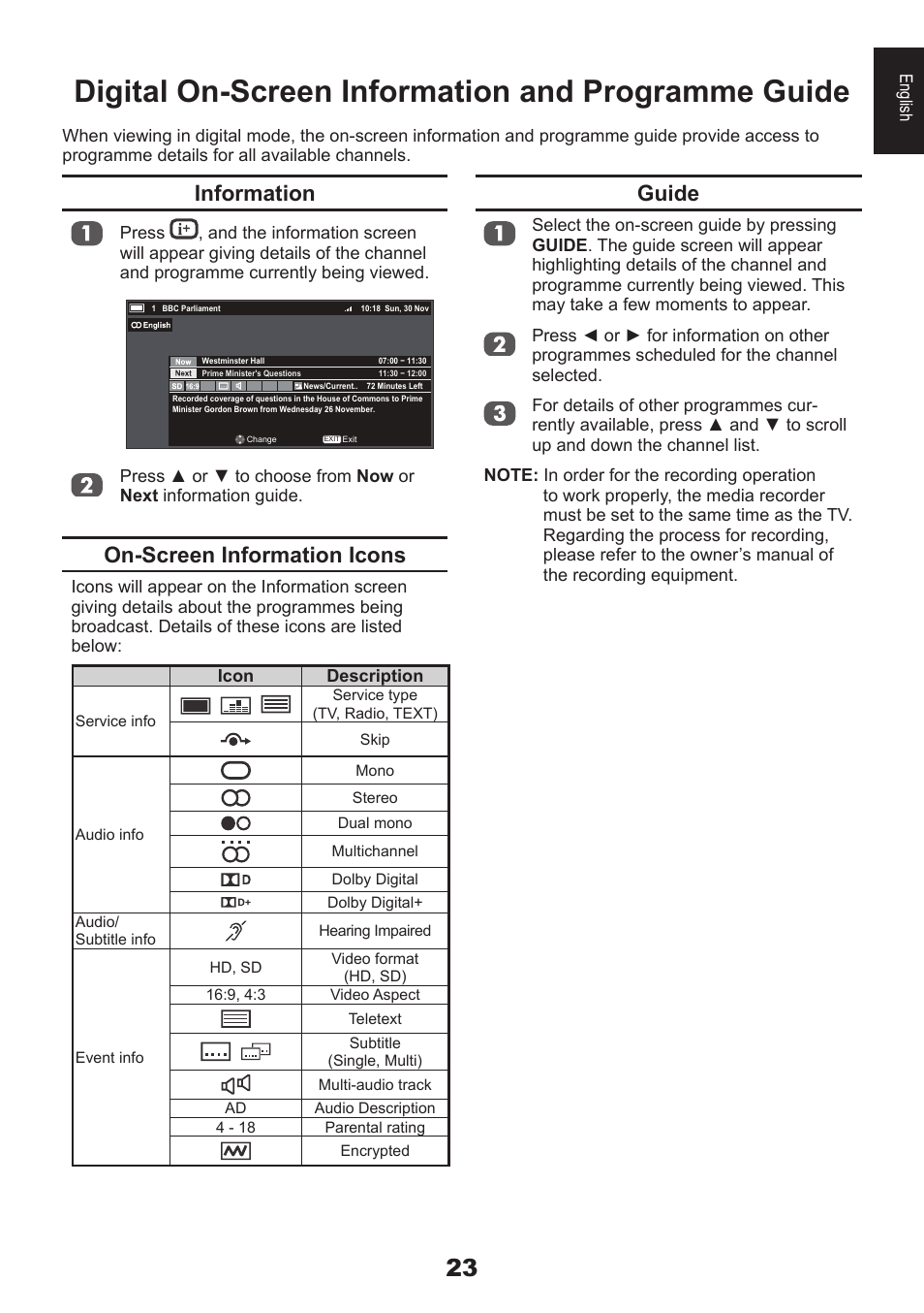 Digital on-screen information and programme guide, Guide, Information | On-screen information icons | Toshiba EL933 User Manual | Page 23 / 72