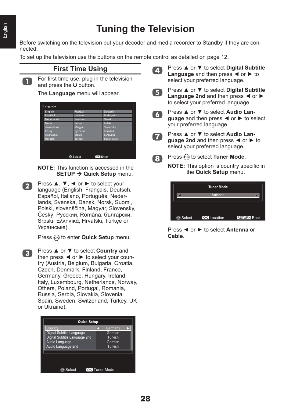 Tuning the television, First time using | Toshiba EL933 User Manual | Page 28 / 72