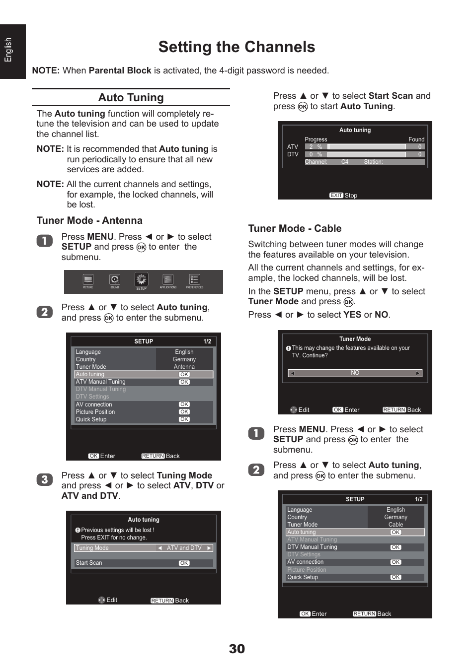 Setting the channels, Auto tuning, Tuner mode - antenna | Tuner mode - cable, English | Toshiba EL933 User Manual | Page 30 / 72